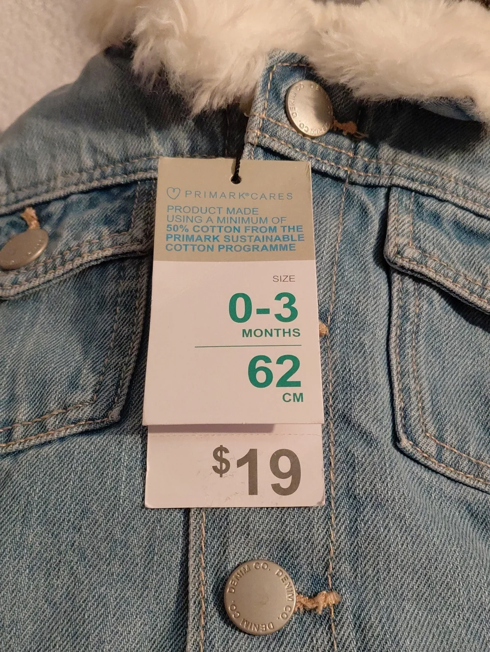 Primark Care Light Blue Denim Jacket with Cream Faux Fur Collar 0-3 Months NWT